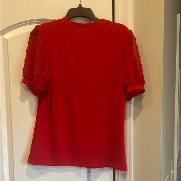 Red Women's Top with Textured Sleeves - Picture 2 of 3